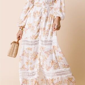 Blue Rain White and Soft Orange Maxi Dress with Billowy Sleeves